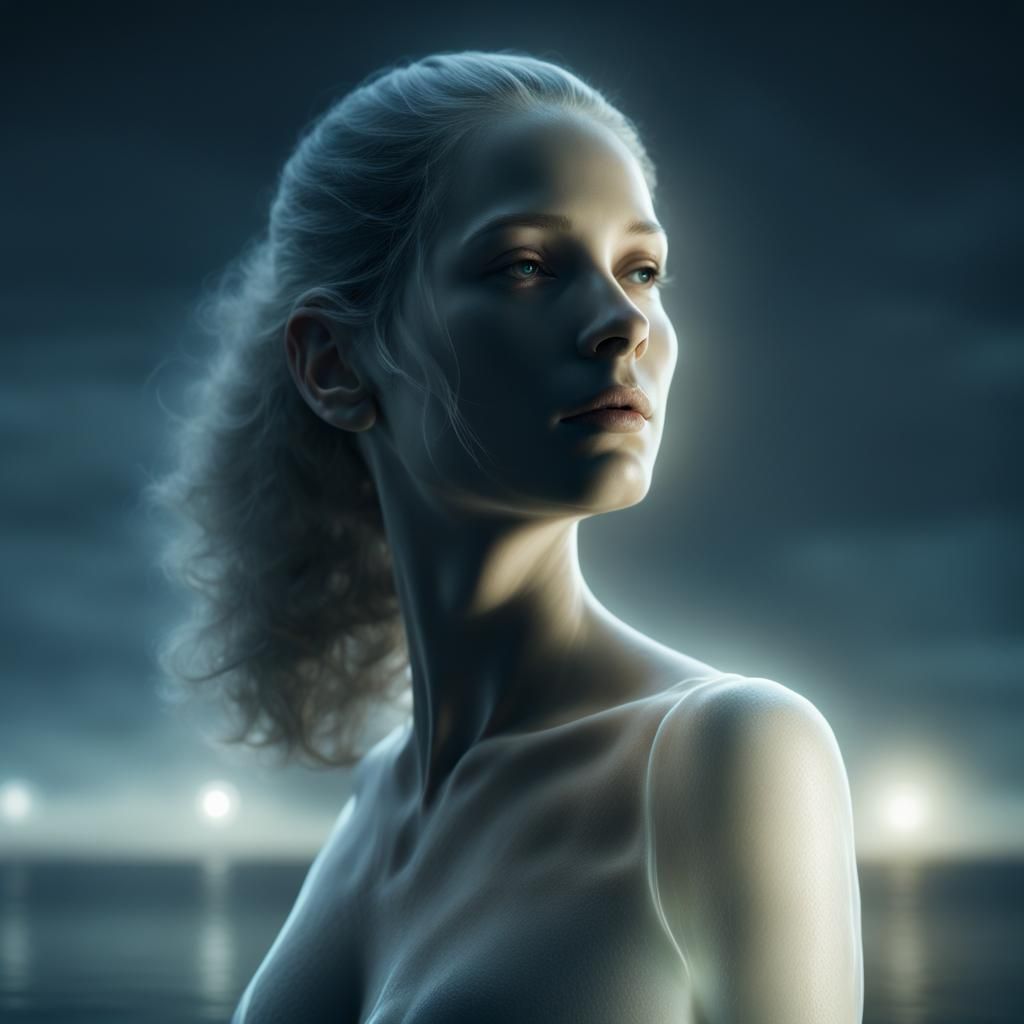 Eerie Bioluminescent Woman in Moonlight, CGI VFX Art