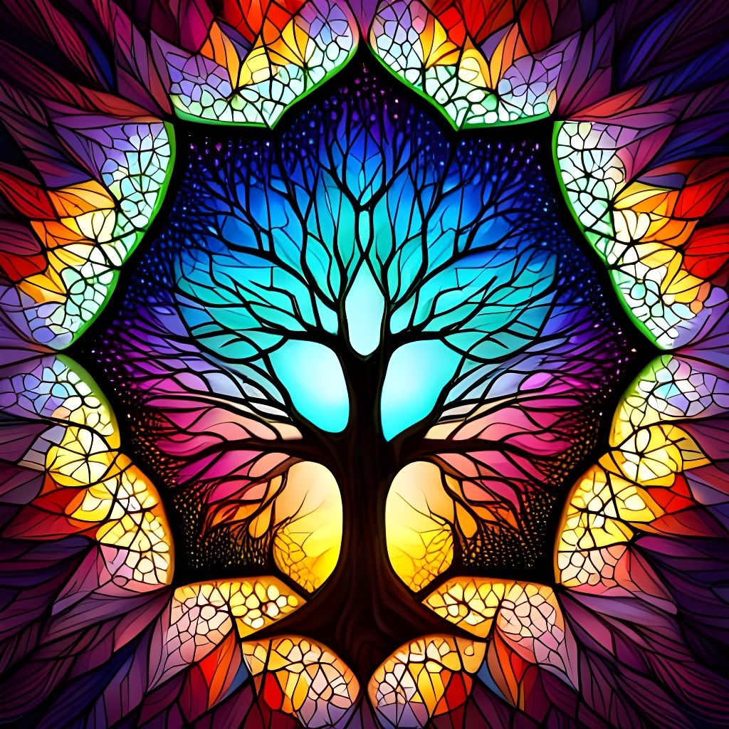 Vibrant Stained Glass Tree with Geometric Symmetry