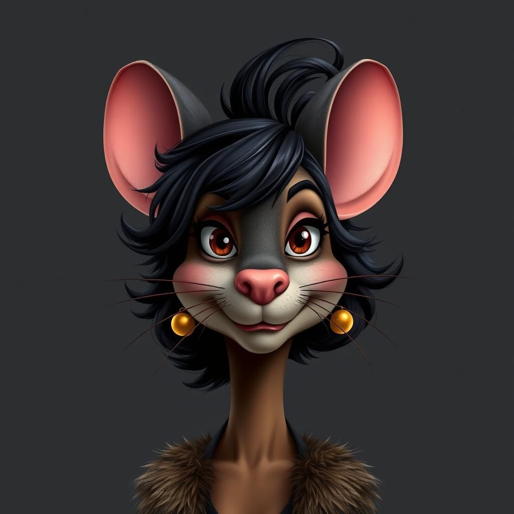 A bold furry Anthropomorphic mouse woman morph with black hair, mouse whiskers, mouse ears, head and shoulders centered ...