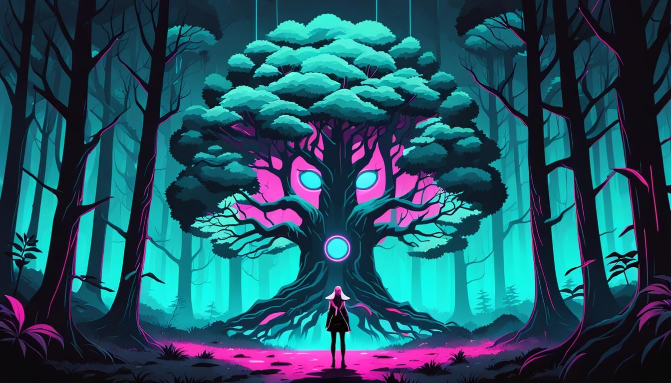 Neon Tree Girl in Dark Synthwave Forest