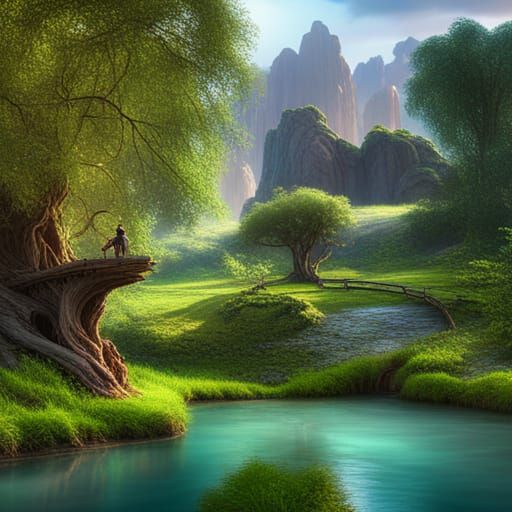 Romantic Couple Under Willow Tree: Fantasy Concept Art