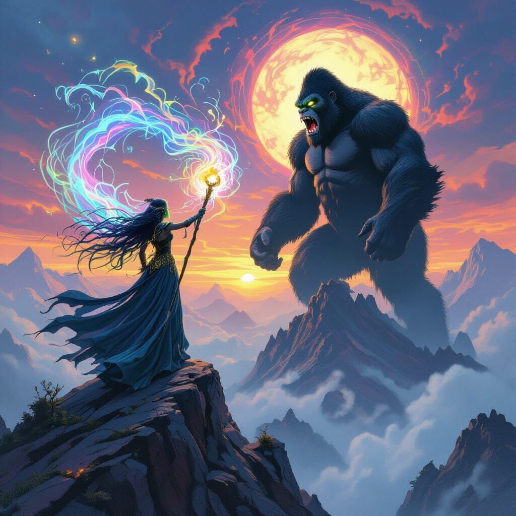 Battle Witch vs King Kong in Psychedelic Art Nouveau Style