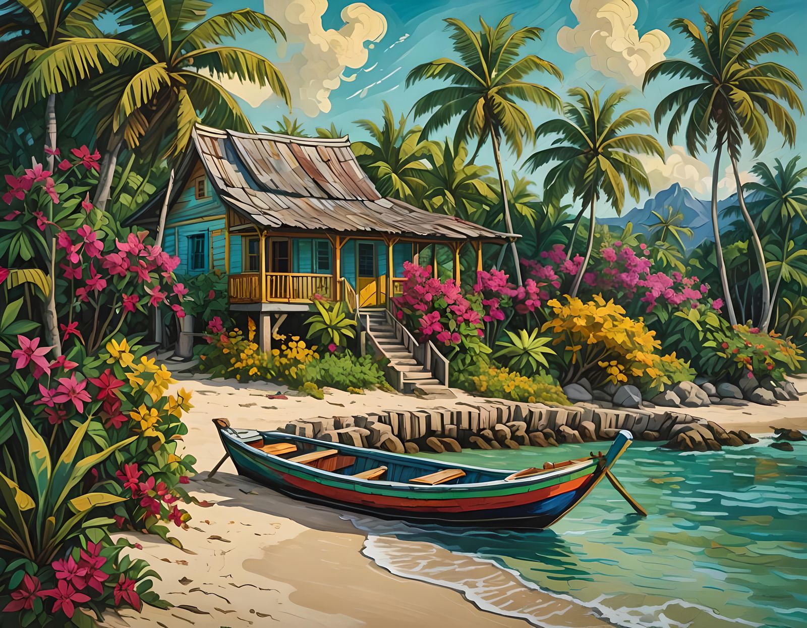 Caribbean Fisherman's House in Post-Impressionist Style