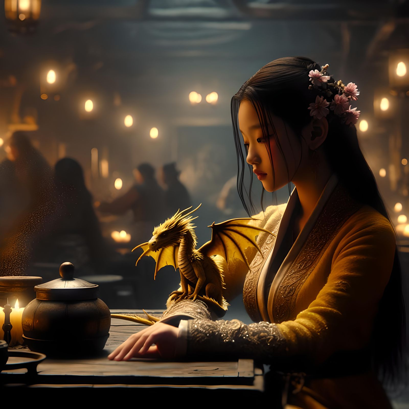 Medieval Tavern Scene with Yellow Dragon in HDR