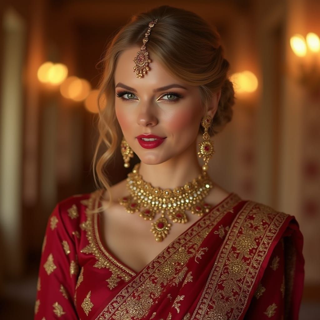 Taylor Swift in Embroidered Crimson Wedding Saree