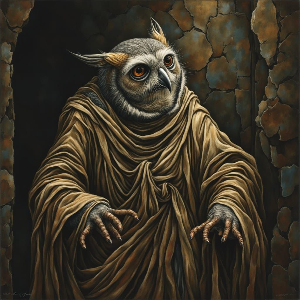 Wise Owl in Dim Cave, Photorealistic Eerie Detail
