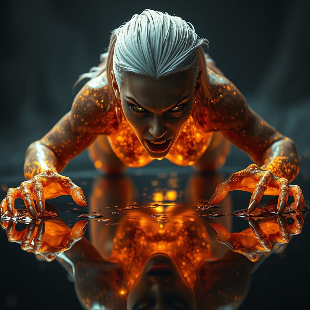 Glowing Translucent Woman Crawls on Reflective Surface