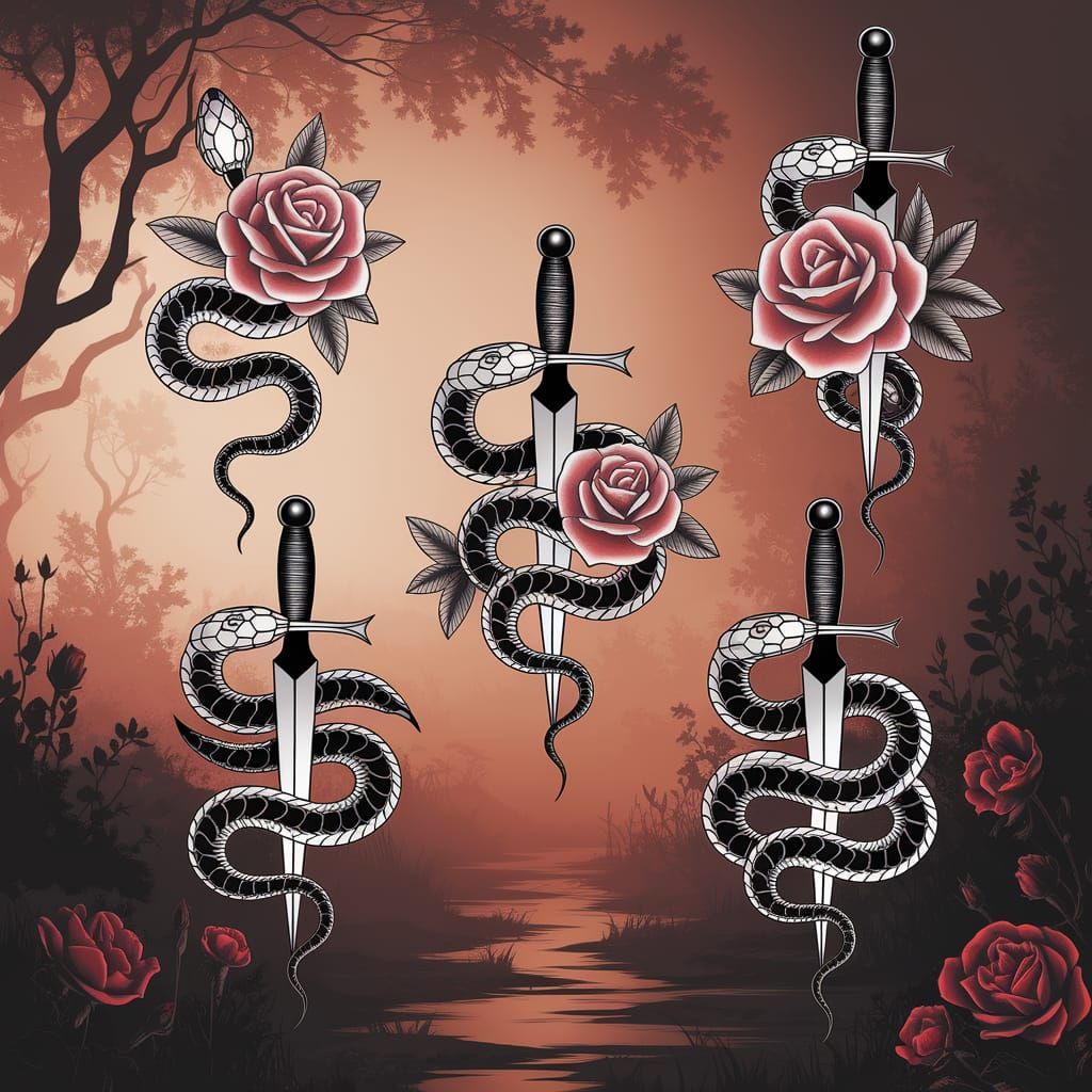 Mystical Snake and Rose Tattoo Sheet in Fantasy Style