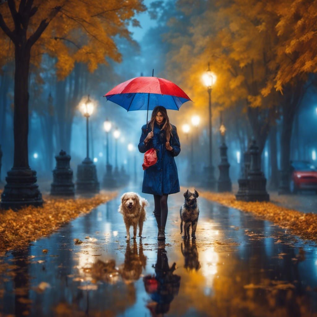beautiful girl with a umbrella in heavy rain