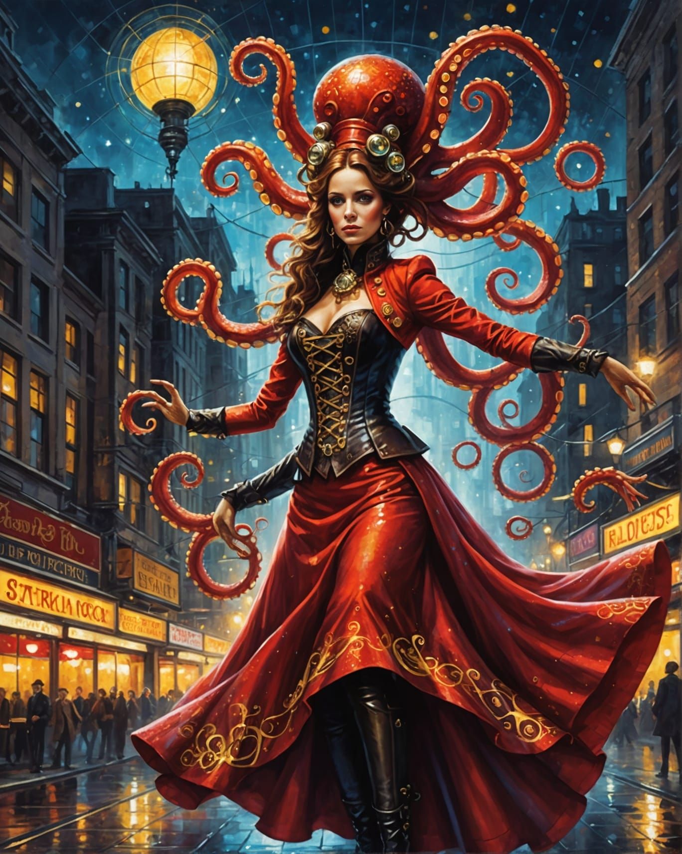 Steampunk Octopus Dances in Disco, Oil Painting Style