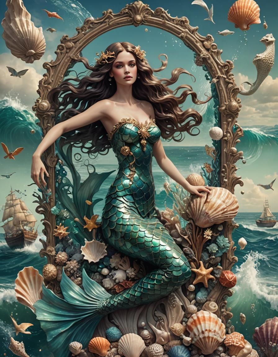 Vintage 1920s Mermaid in Ocean Collage Style