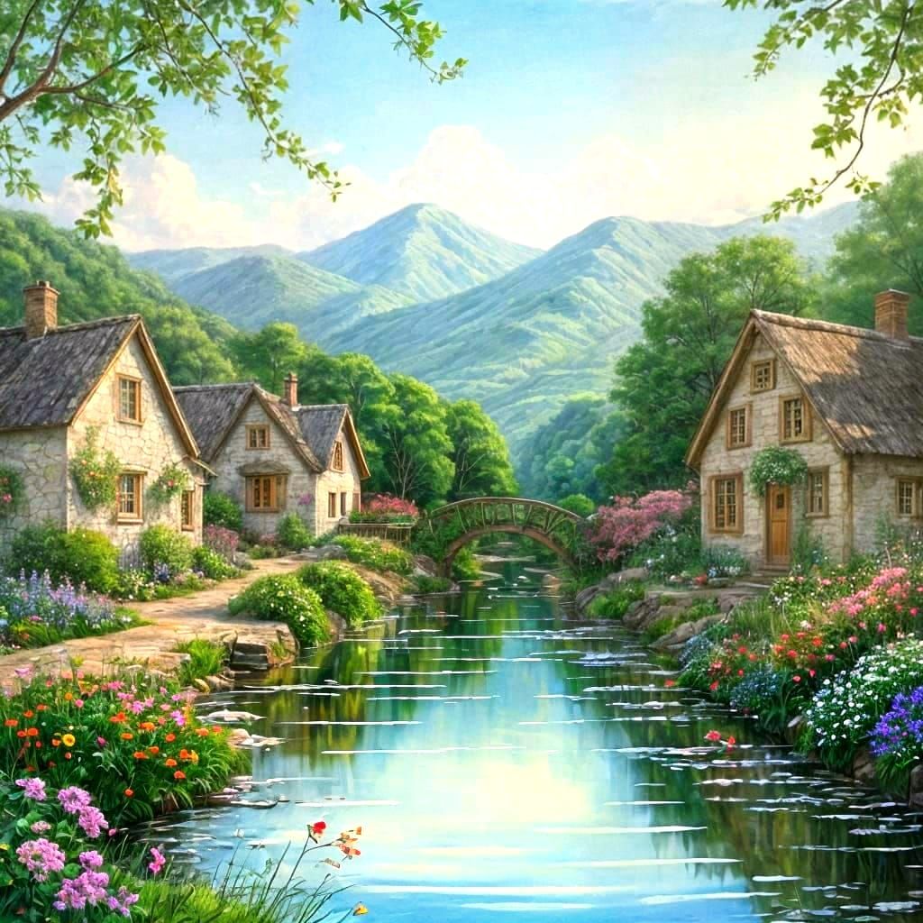 Cozy Vineyard Cottage in Watercolor Landscape