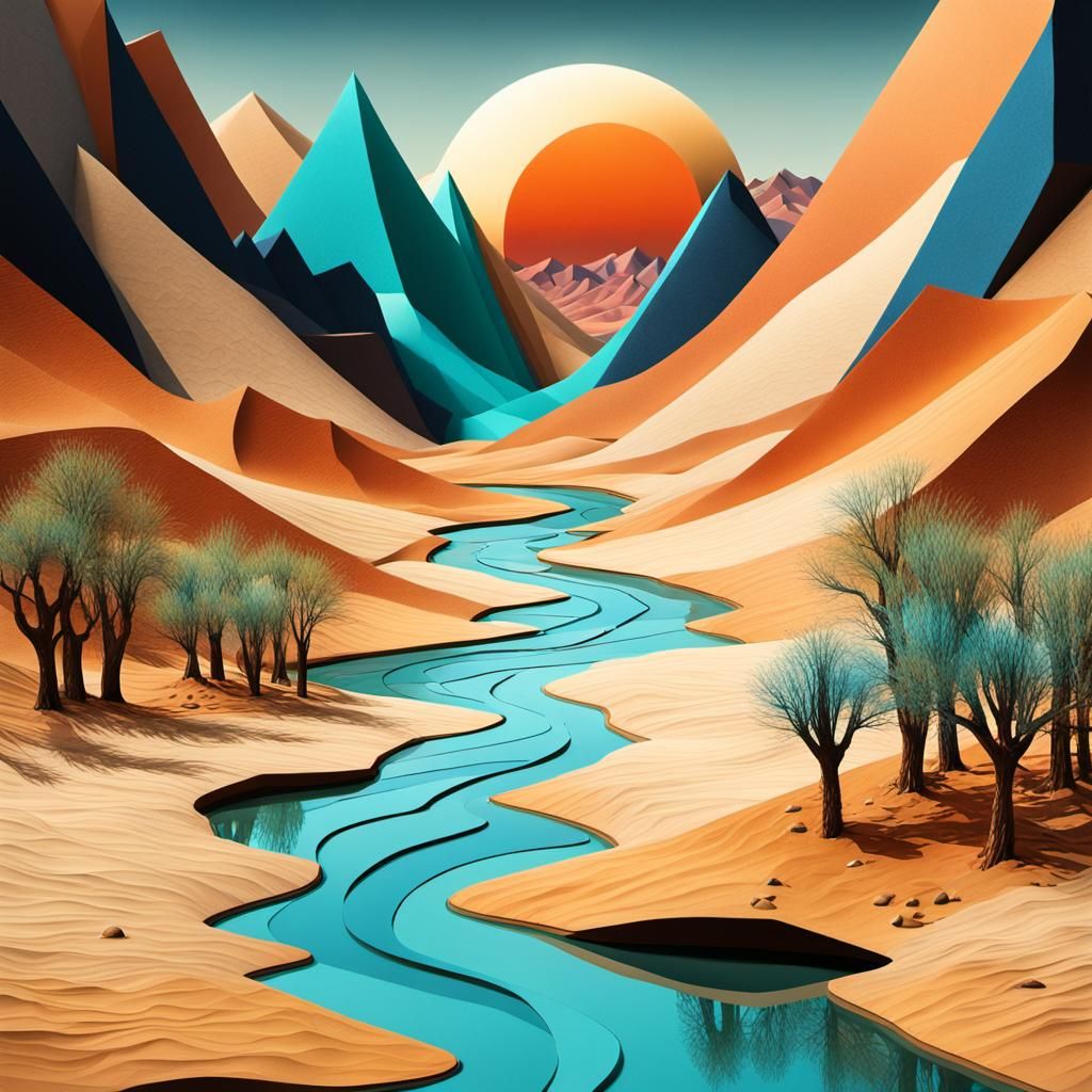 Abstract River Over Dry Landscape: Mixed Media Art