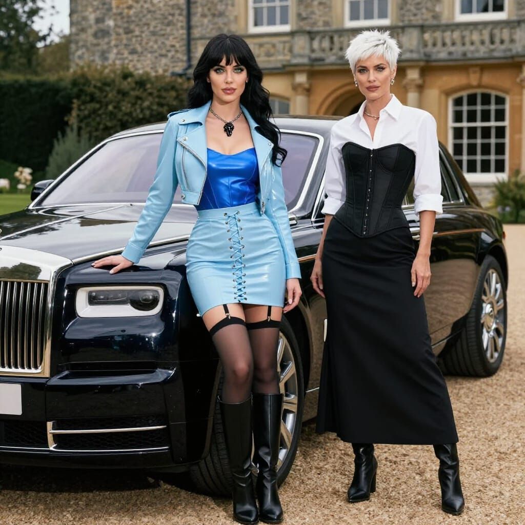 Two Women Posing with Luxury Car and Manor