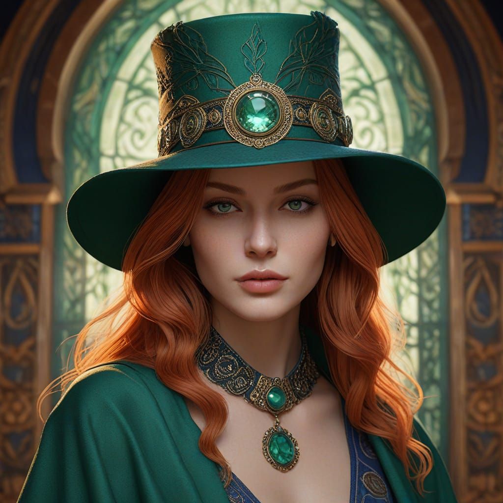 Mystical Green Witch in Art Deco Style