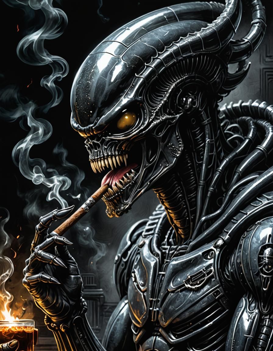 Xenomorph Smokes Cigar in Dark Comic Art