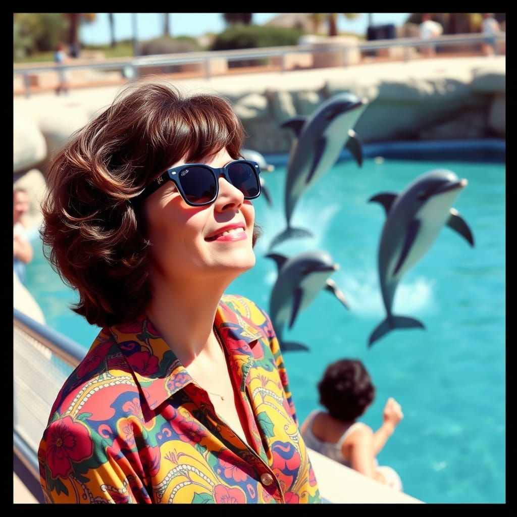 Woman Watches Dolphins in 1970s Pop Art Style
