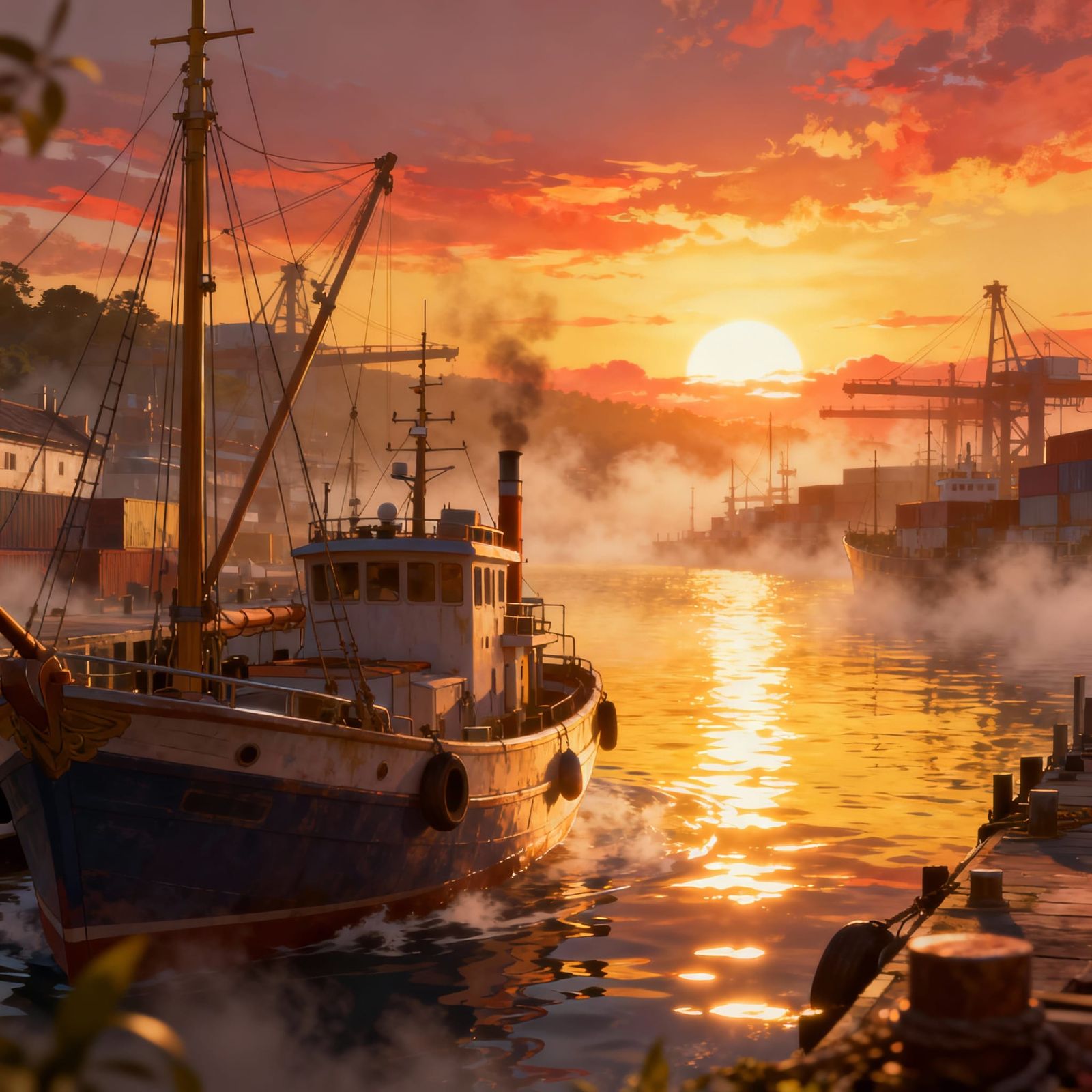 Anime Harbor at Sunset Golden Hour