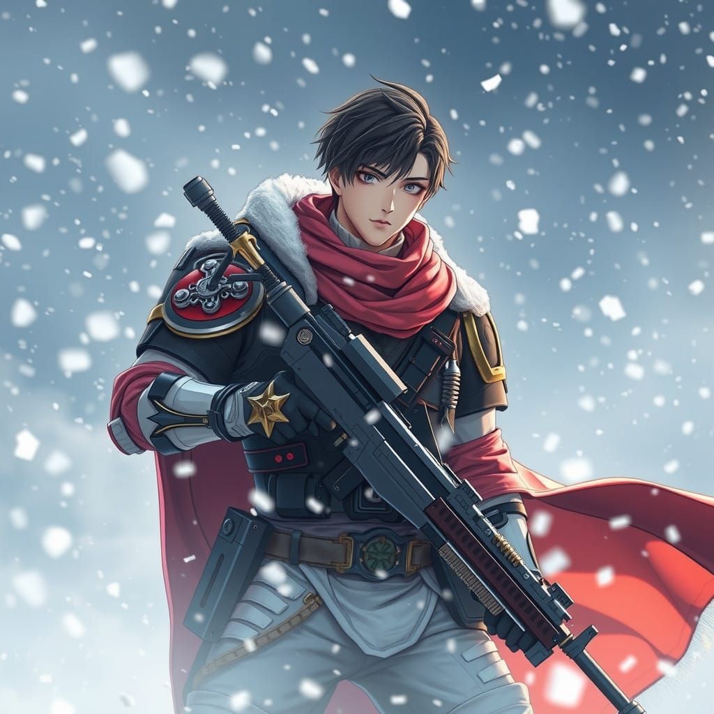 Scifi Soldier Anime Boy in a snow storm...