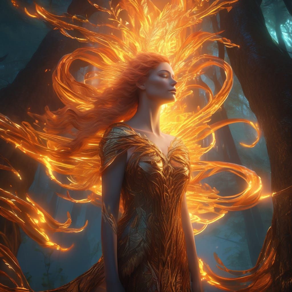 Fantasy Femme Emanates Ethereal Glow Amidst Fiery Vortex