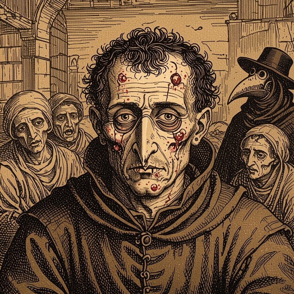 Plague-Infected Man Engraving in Sepia Tones