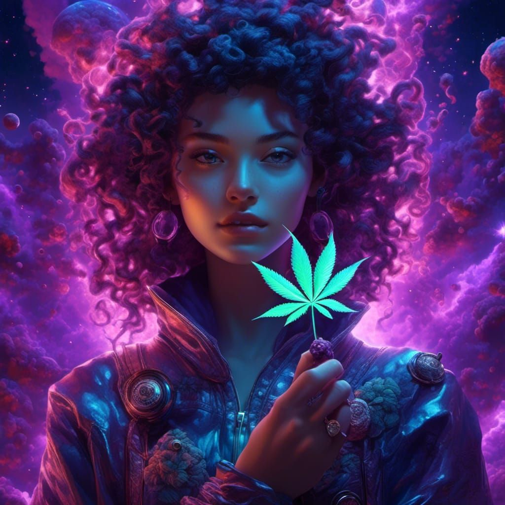 Stoner Girl with Weed Leaf in Space
