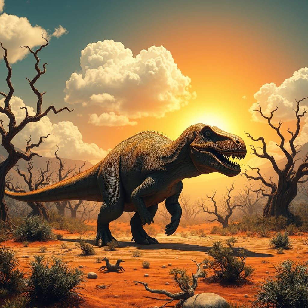 Majestic Drought-Scorched Dinosaur Roams in a Sun-Baked Wild...