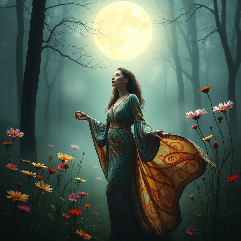 Ethereal Woman in Moonlit Forest