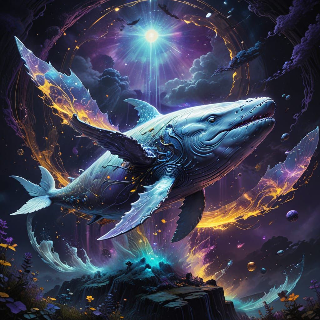 Mystical Flying White Whale with Celestial Halo