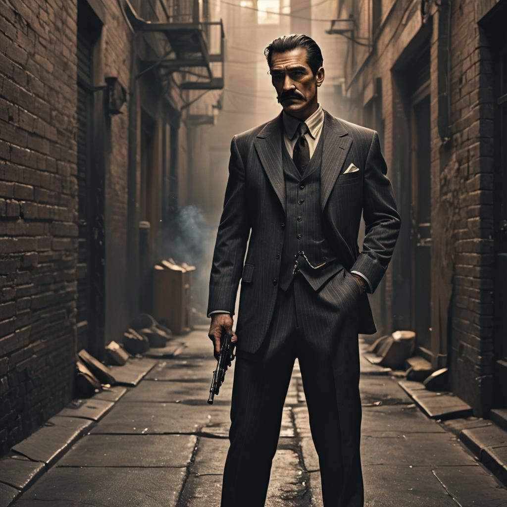Film Noir Mobster in Dimly Lit Alleyway