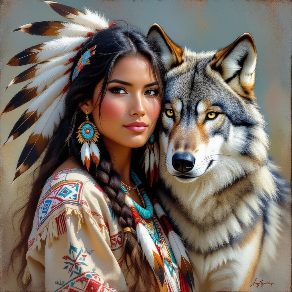 Native American Woman and Wolf, Watercolor Style