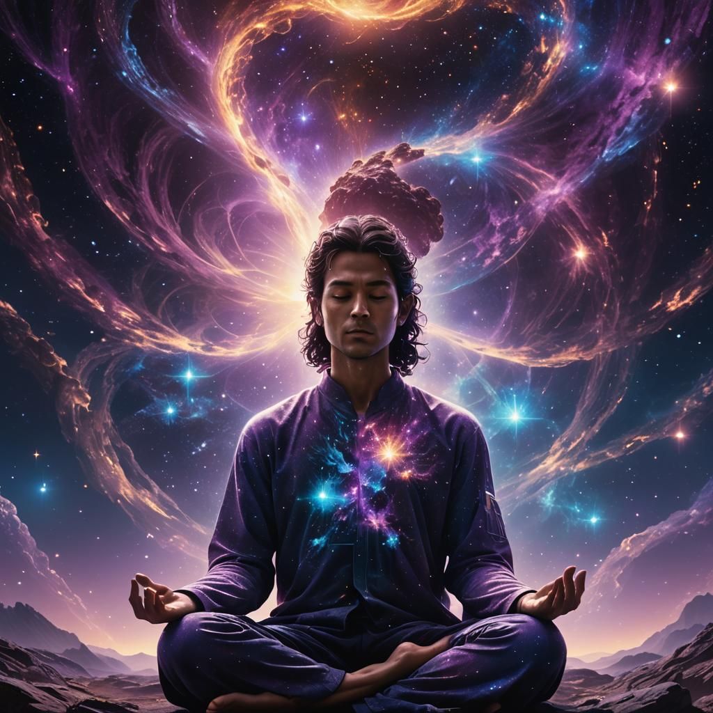 Meditating Figure Surrounded by Cosmic Code