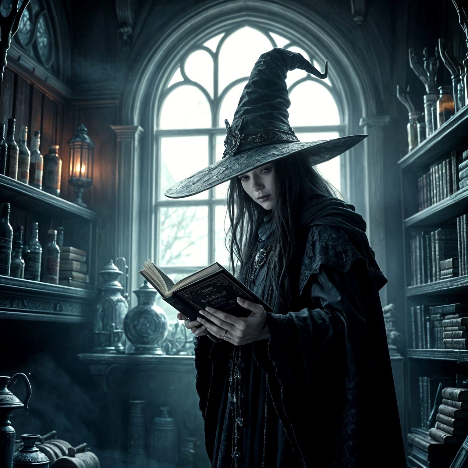 Gothic Witch Standing Amidst Occult Backdrop