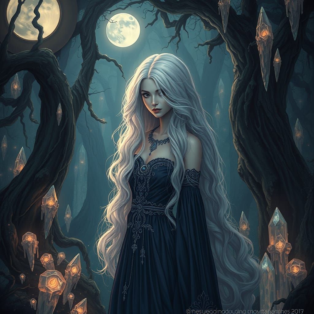 Mysterious Woman in Art Nouveau Fantasy Landscape