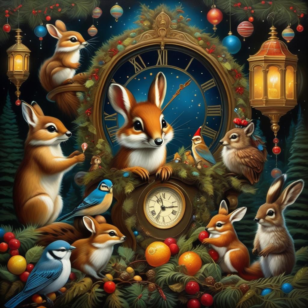 Woodland Creatures Celebrate New Year's Eve in Oil Painting