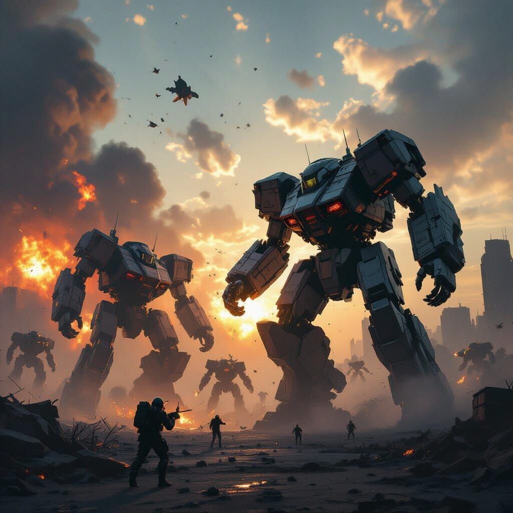 Giant Robot Armada Clashing in War-Torn Cityscape