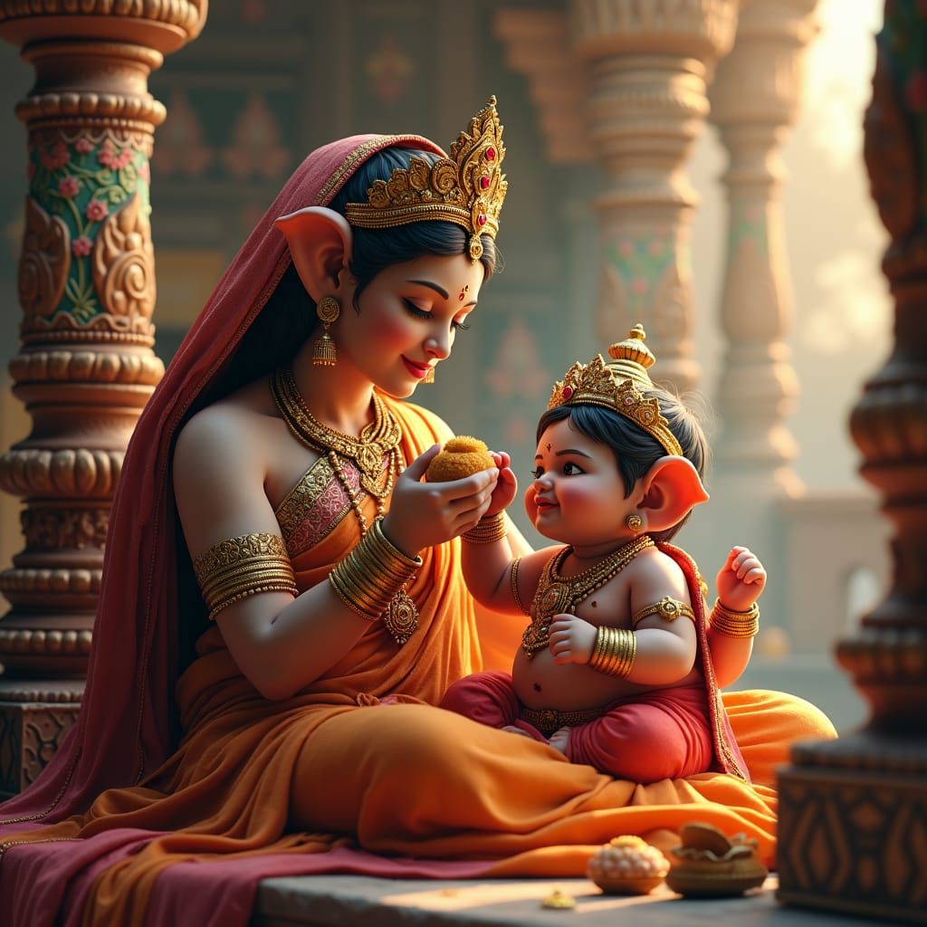 Baby Ganesha Fed Modaks by Parvati: Digital Art