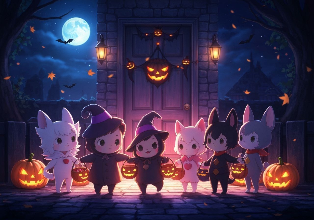 Chibi Creatures in Halloween Costumes with Candy