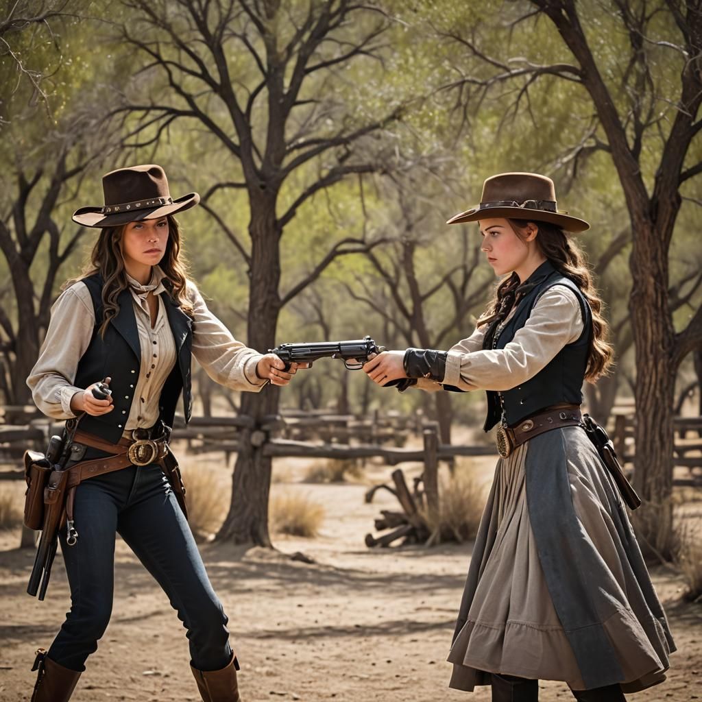 Old West Duel Between Gunslinger and Teen Girl