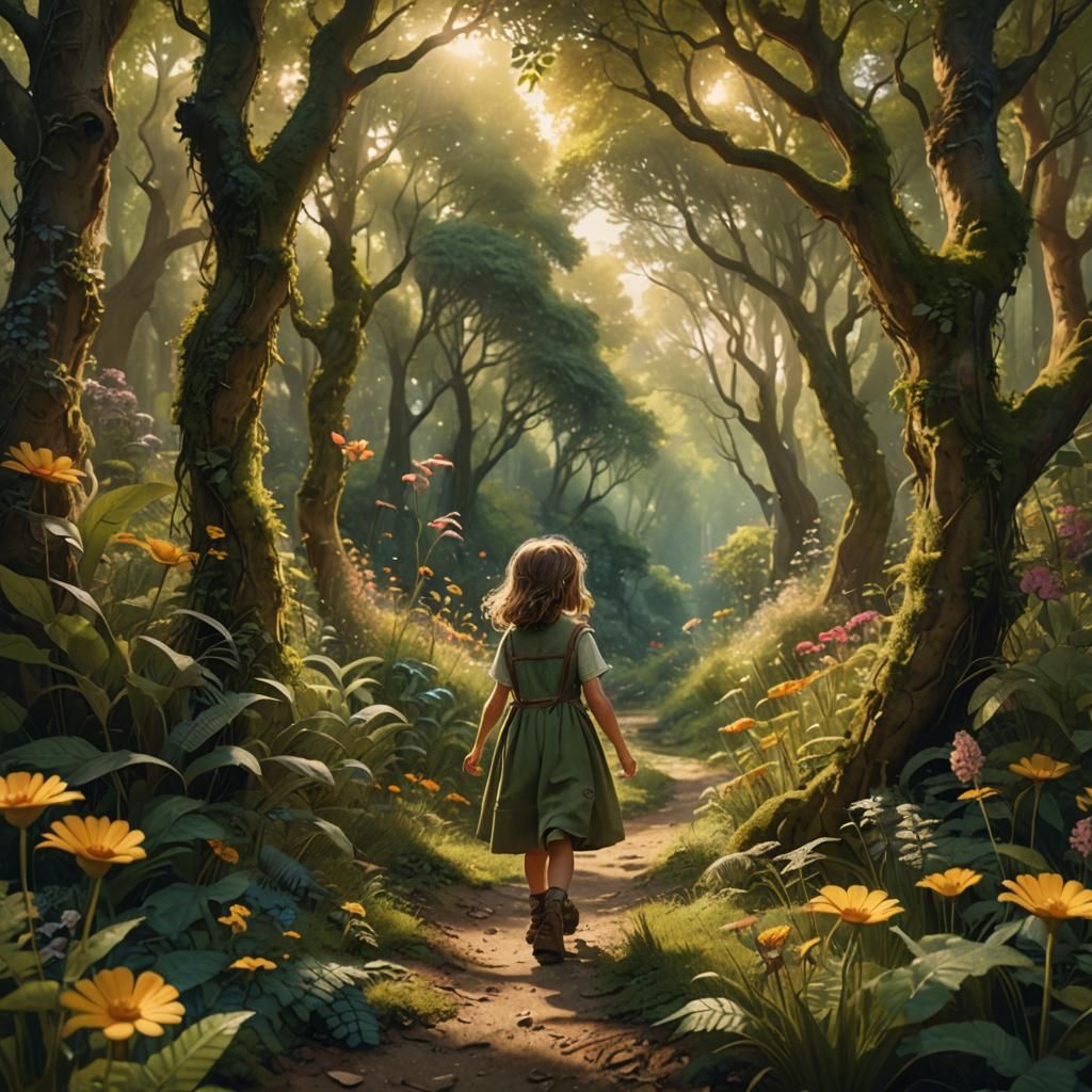 Girl Picking Flowers in Enchanted Forest: Fantasy Concept Ar...