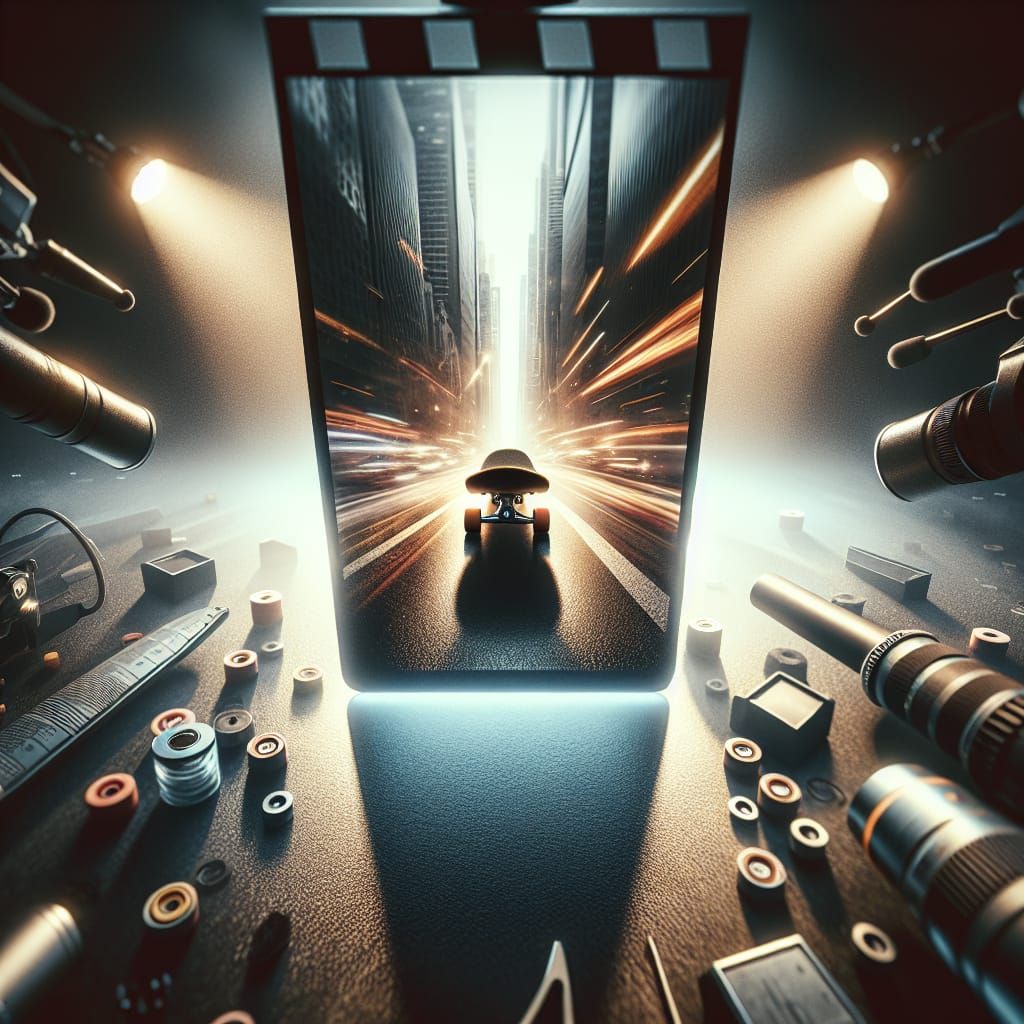 Dramatic Skateboard Underside on Glass, Cinematic Film Still