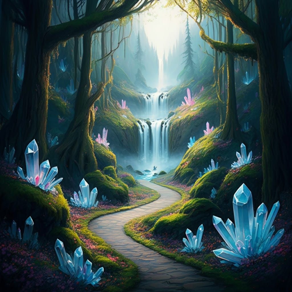 Ethereal Forest Pathway Unveils Mystical Waterfall