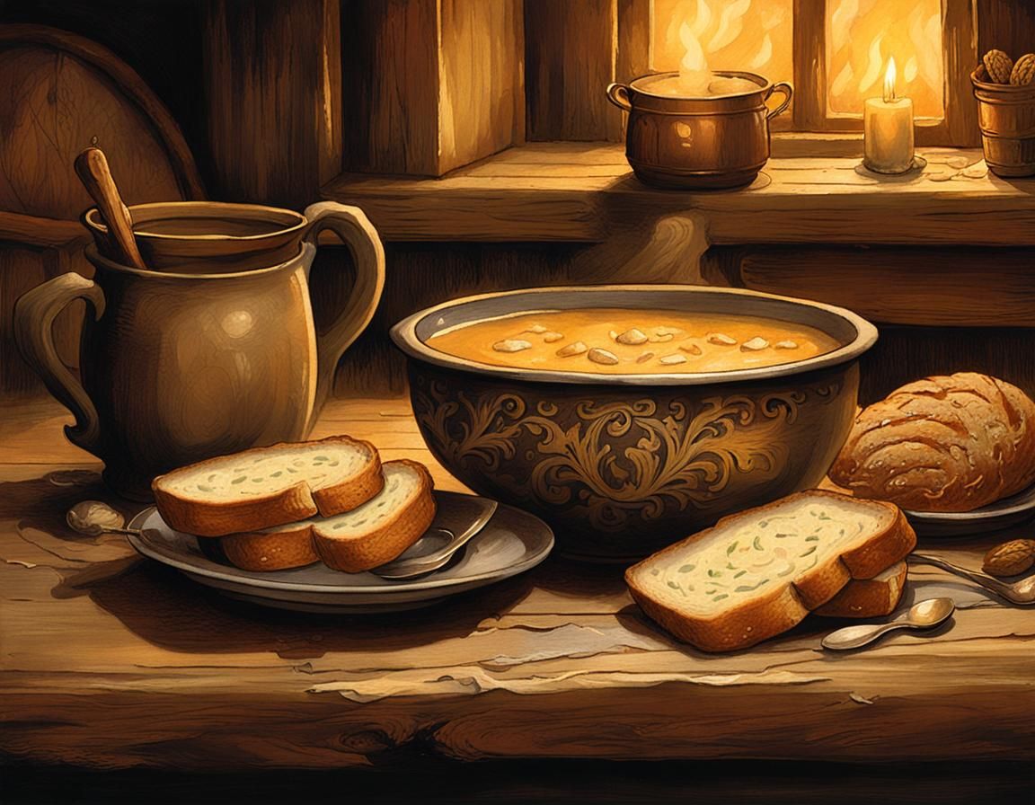 Medieval Tavern Meal in Oil Painting Style
