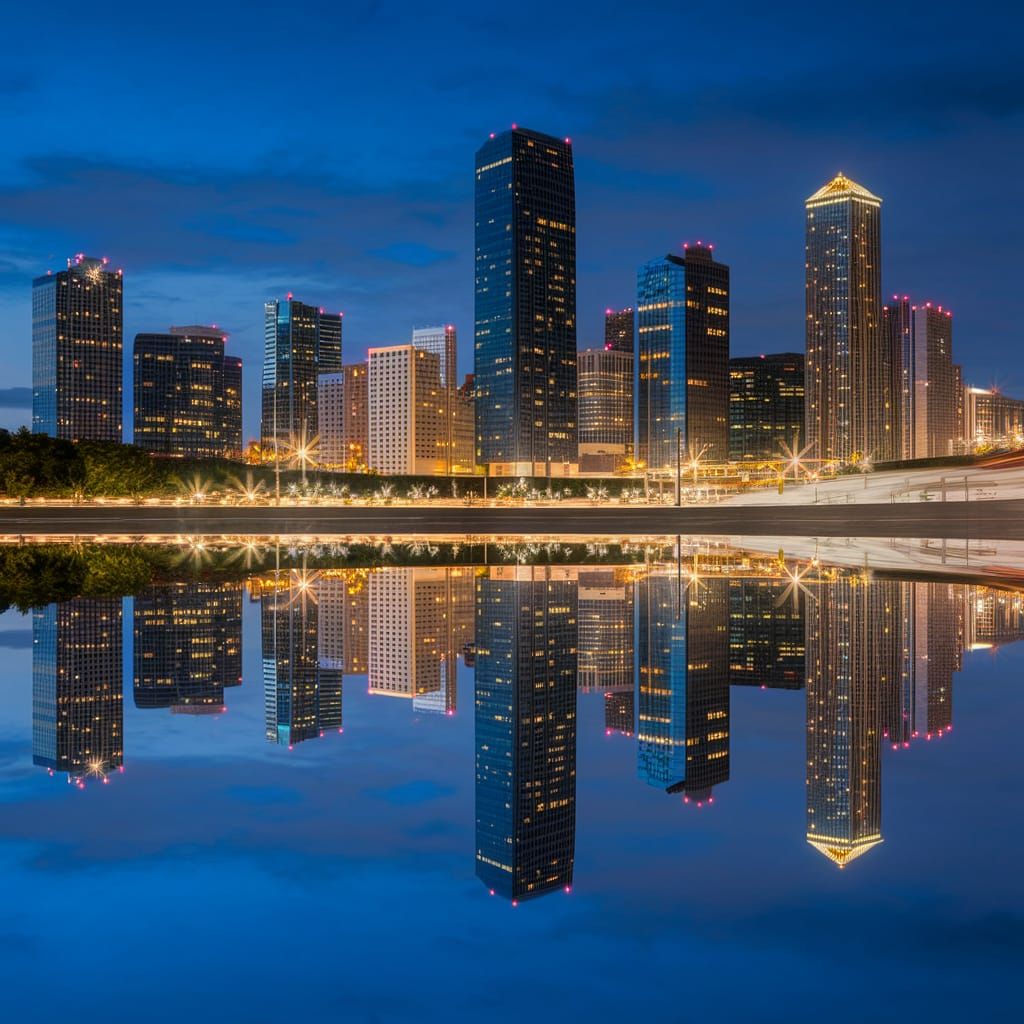 Houston Skyline Reflected in Flooded Parking Lot at Night