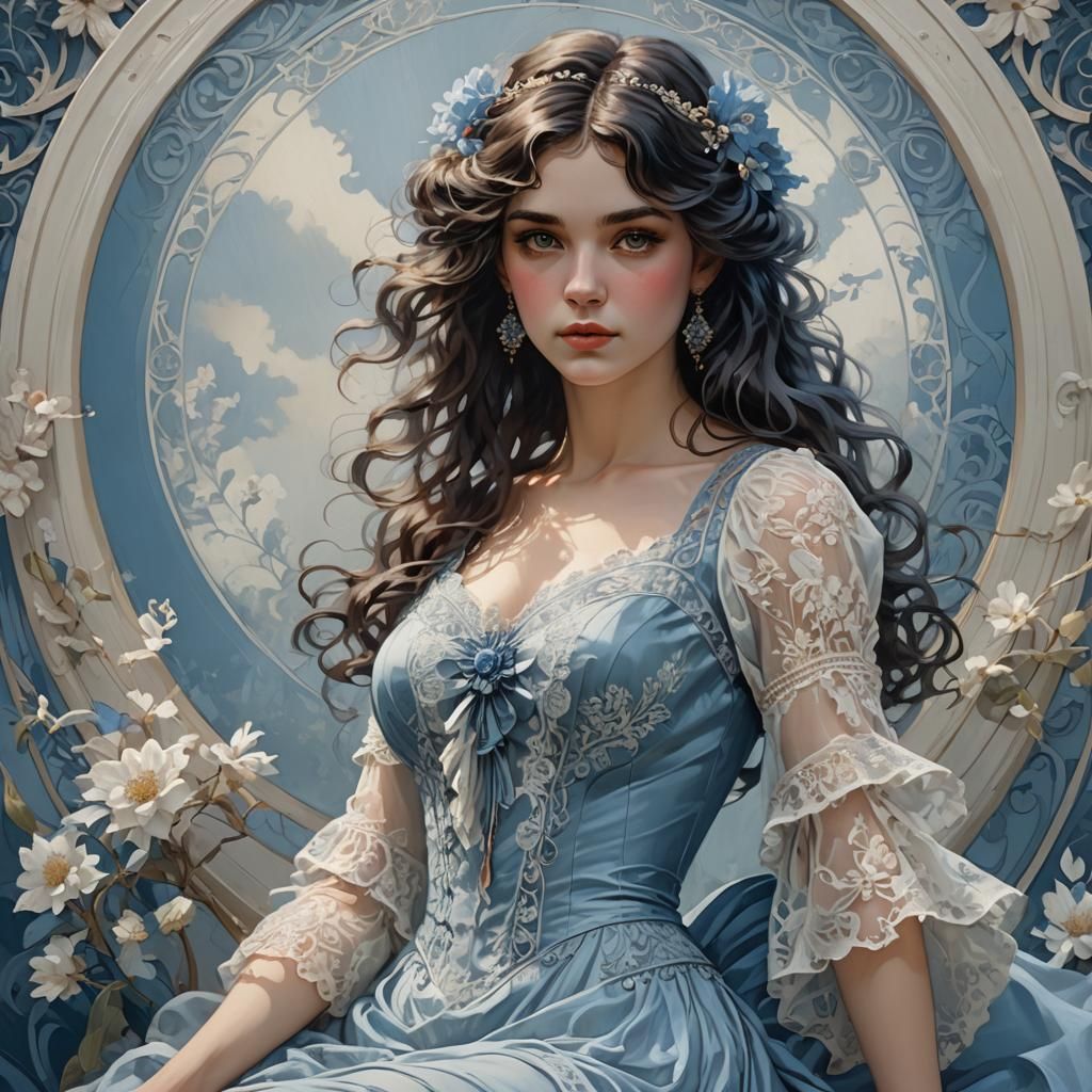 Glamorous Woman in Lace Dress, Art Nouveau Portrait