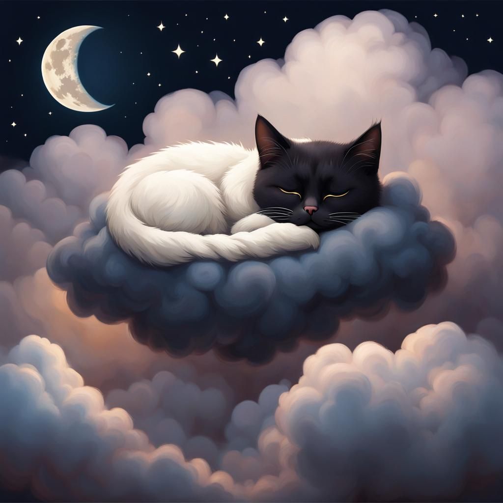 Mysterious Cat Sleeping on Cloud at Night