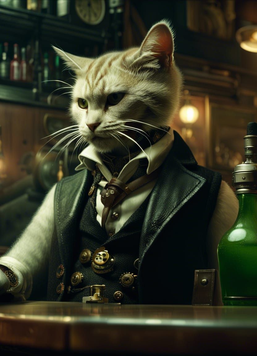 Punk Cat at a steampunk bar.