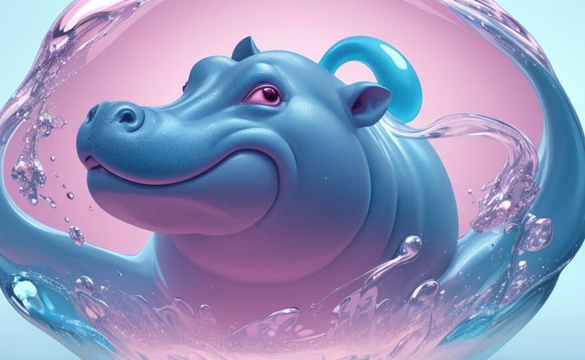 Surrealist Hippopotamus Blows Pink Bubblegum in Soft Focus W...