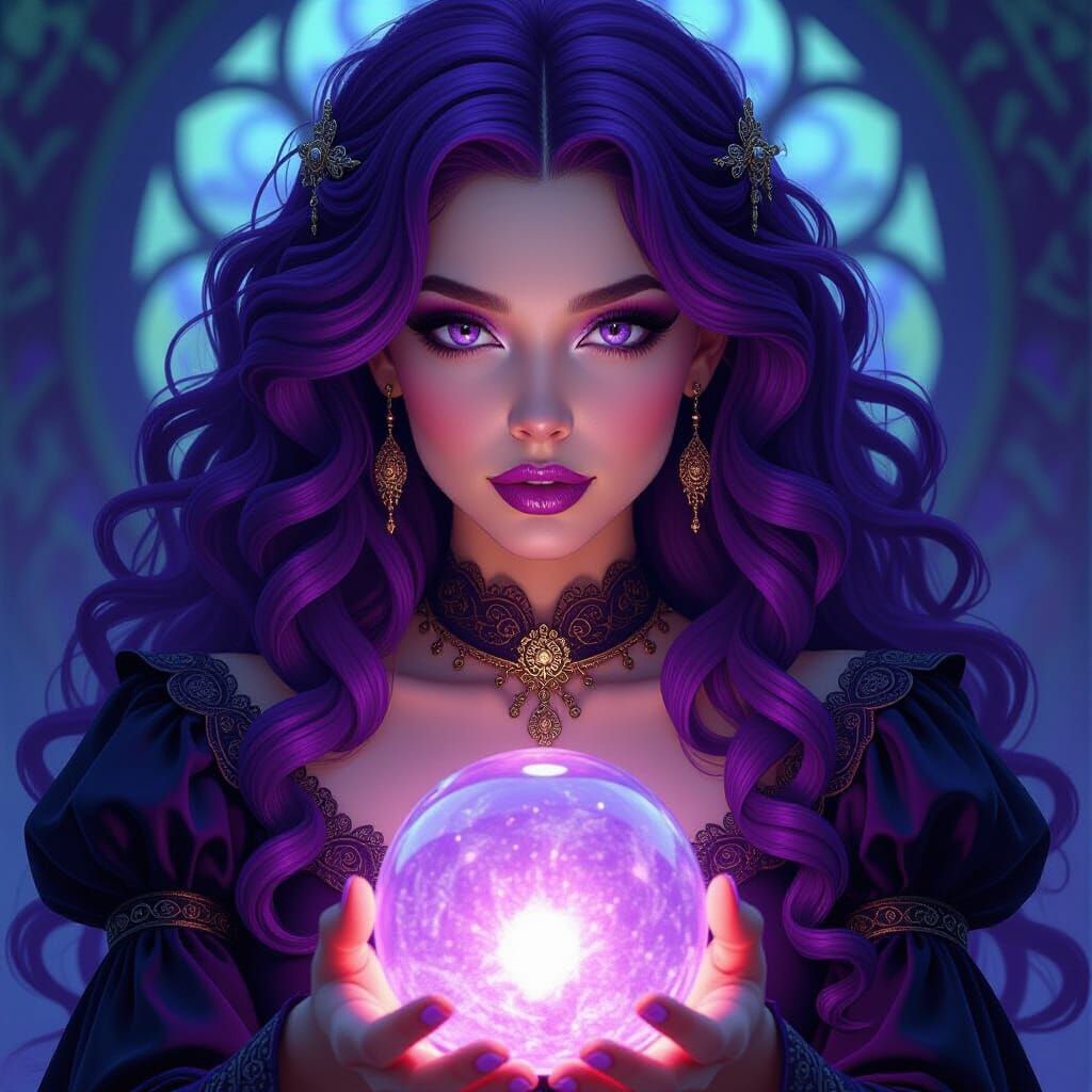 Medieval Witch Gazing into Crystal Ball in Art Nouveau Style