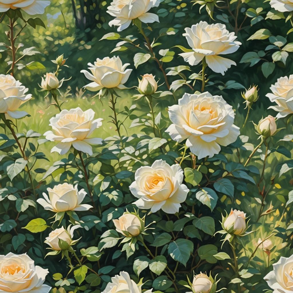 Impressionist White Roses in Sunny Meadow